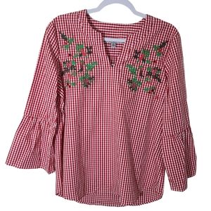 Marc New York gingham bell sleeve floral embroidered cotton blouse shirt Medium